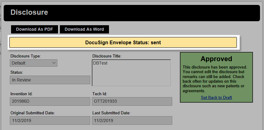 Image shows Disclosure part of Inventor Portal with opacity turned down and the Docusign Envelope Status: sent message highlighted on the form.