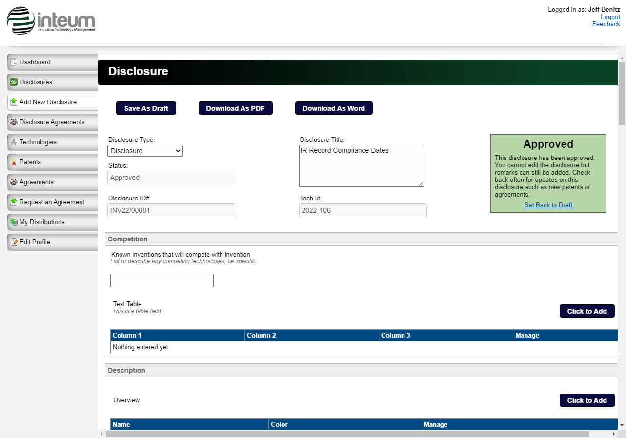 Inventor Portal Demo - Add New Disclosure