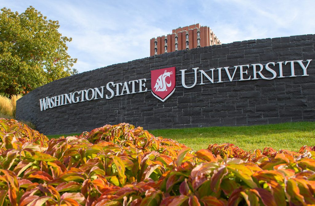 Washington State University sign on wall on campus.