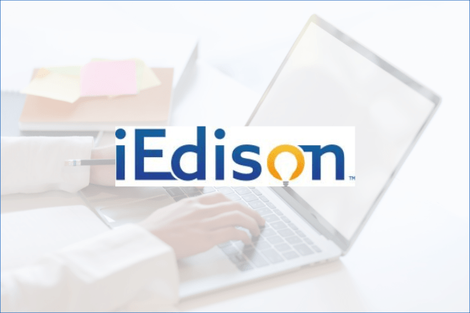 iEdison logo with person typing on computer in background