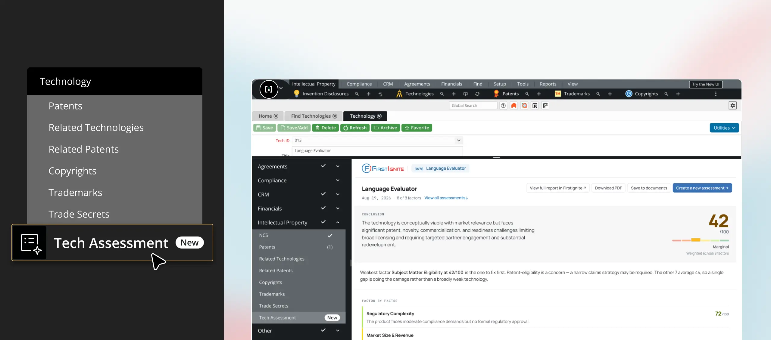 Minuet Technology Assessments tab showing a Language Evaluator assessment with a score of 42 out of 100